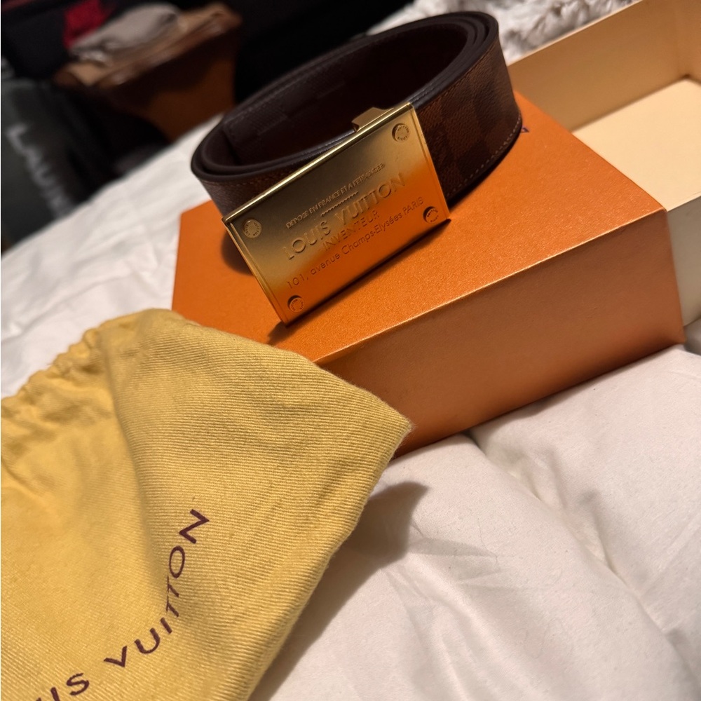 Louis Vuitton Inventuer Dark Brown Ebene Belt with Gold Buckle Sz28-36